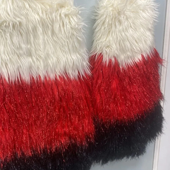 Red White Black EDC Sparkly Rave GoGo Fuzzy Fuzzies Leg Warmers Handmade - Picture 2 of 2